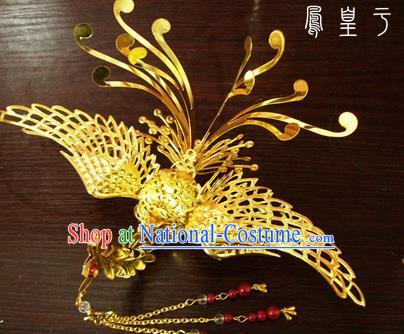 Chinese Ancient Court Queen Golden Phoenix Hairpins Traditional Classical Wedding Hanfu Hair Accessories for Women