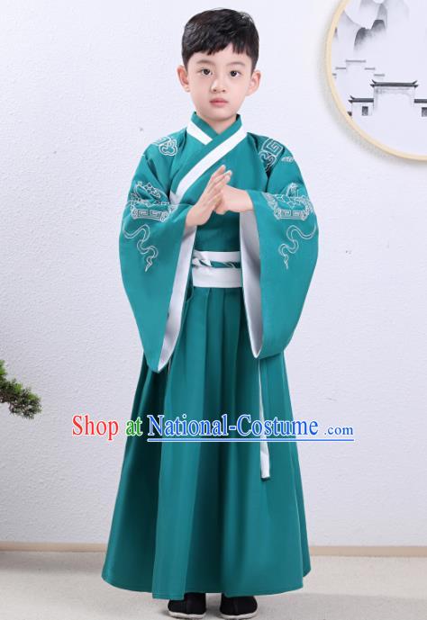 Chinese Traditional Han Dynasty Children Green Hanfu Clothing Ancient Scholar Costume for Kids