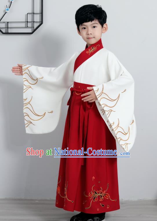 Chinese Traditional Han Dynasty Boys Embroidered Red Hanfu Clothing Ancient Scholar Costume for Kids