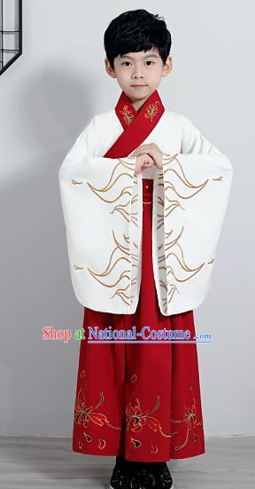 Chinese Traditional Han Dynasty Boys Embroidered Red Hanfu Clothing Ancient Scholar Costume for Kids