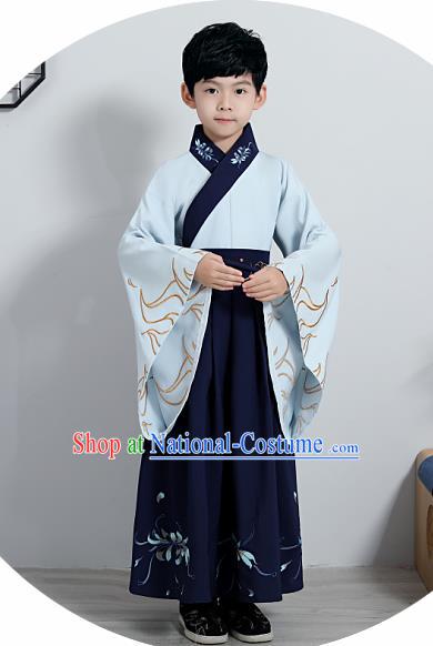 Chinese Traditional Han Dynasty Boys Embroidered Navy Hanfu Clothing Ancient Scholar Costume for Kids