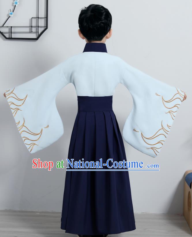 Chinese Traditional Han Dynasty Boys Embroidered Navy Hanfu Clothing Ancient Scholar Costume for Kids