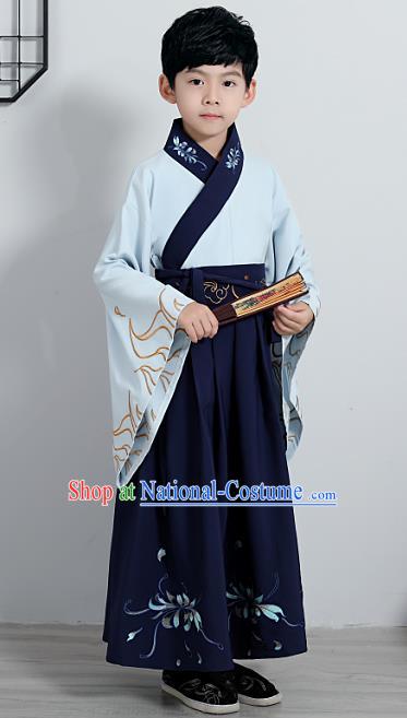 Chinese Traditional Han Dynasty Boys Embroidered Navy Hanfu Clothing Ancient Scholar Costume for Kids