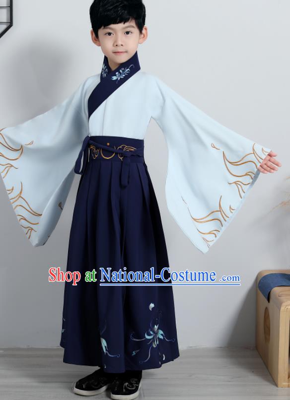 Chinese Traditional Han Dynasty Boys Embroidered Navy Hanfu Clothing Ancient Scholar Costume for Kids