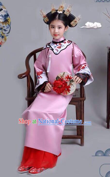 Chinese Traditional Qing Dynasty Girls Rosy Qipao Dress Ancient Manchu Princess Costume for Kids