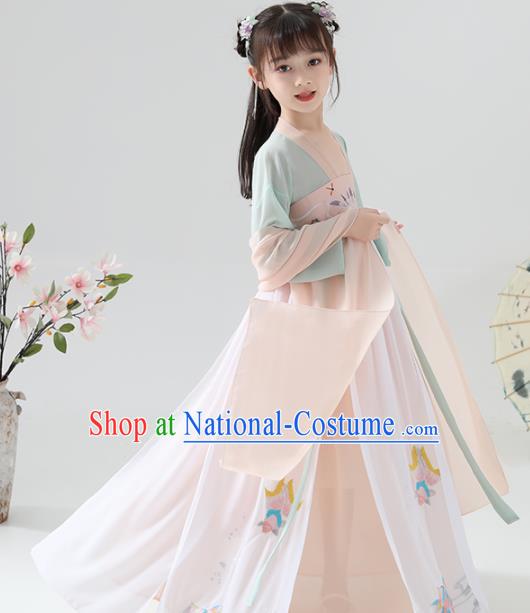 Chinese Traditional Tang Dynasty Girls Champagne Hanfu Dress Ancient Princess Costume for Kids