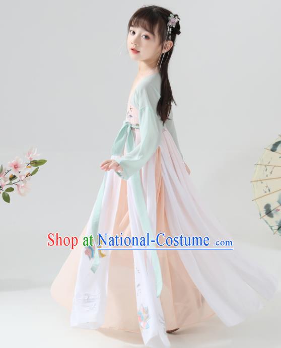 Chinese Traditional Tang Dynasty Girls Champagne Hanfu Dress Ancient Princess Costume for Kids