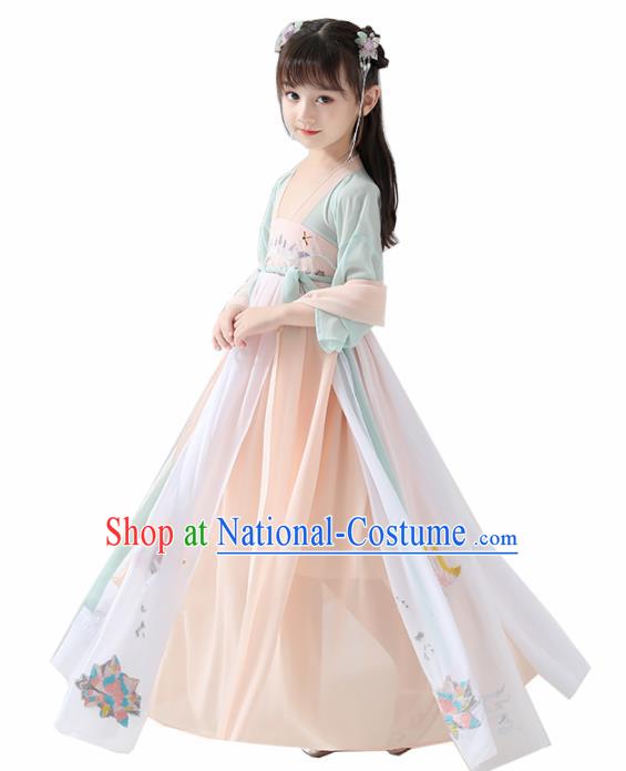 Chinese Traditional Tang Dynasty Girls Champagne Hanfu Dress Ancient Princess Costume for Kids