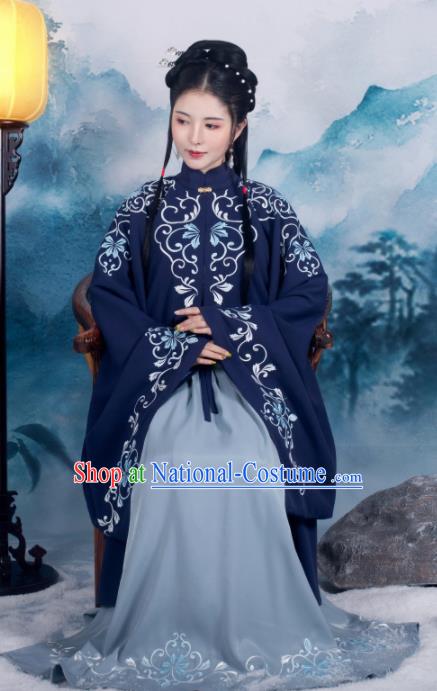 Traditional Chinese Ming Dynasty Royal Princess Replica Costumes Ancient Nobility Lady Navy Hanfu Dress for Women