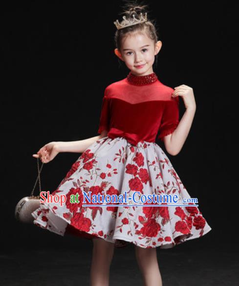 Top Grade Christmas Day Dance Performance Red Velvet Full Dress Kindergarten Girl Stage Show Costume for Kids