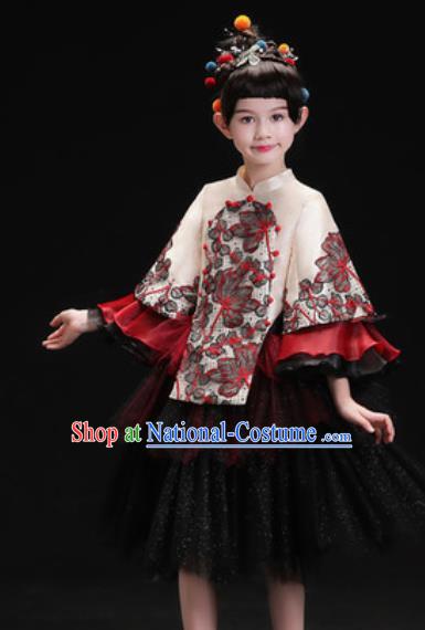 Chinese New Year Dance Performance Black Veil Full Dress Kindergarten Girls Stage Show Costume for Kids