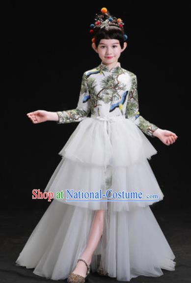 Chinese New Year Dance Performance White Veil Trailing Full Dress Kindergarten Girls Stage Show Costume for Kids