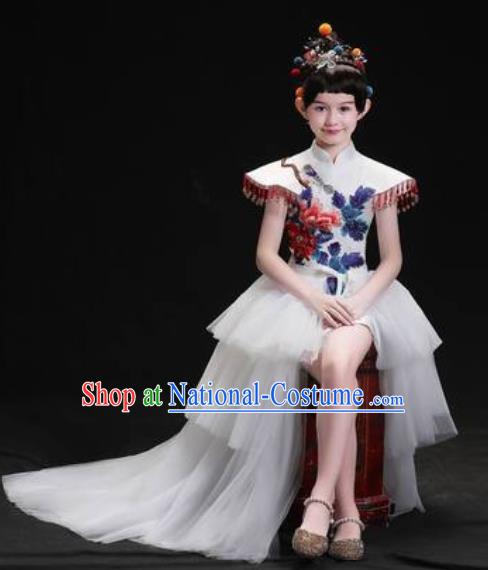 Chinese New Year Performance White Veil Trailing Full Dress Kindergarten Girls Dance Stage Show Costume for Kids