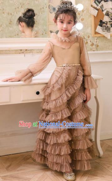 Top Grade Christmas Day Dance Performance Brown Veil Full Dress Kindergarten Girl Stage Show Costume for Kids