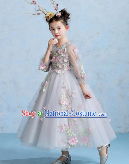 Top Grade Christmas Day Dance Performance Grey Veil Bubble Full Dress Kindergarten Girl Stage Show Costume for Kids