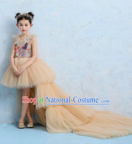 Top Grade Christmas Day Dance Performance Beige Veil Trailing Full Dress Kindergarten Girl Stage Show Costume for Kids