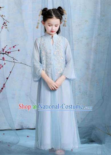 Chinese New Year Performance Embroidered Blue Veil Dress Kindergarten Girls Dance Stage Show Costume for Kids