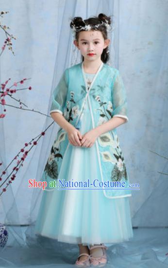 Chinese New Year Performance Embroidered Blue Veil Dress National Kindergarten Girls Dance Stage Show Costume for Kids