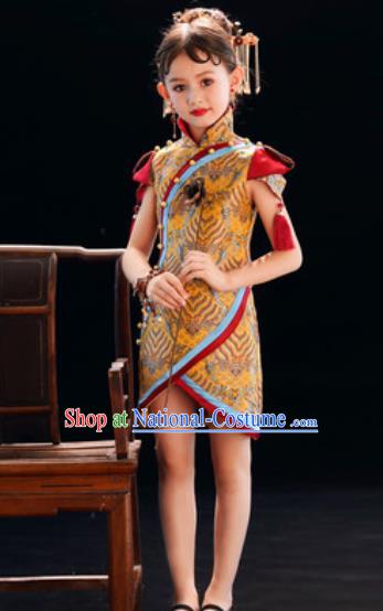 Chinese New Year Performance Yellow Qipao Dress National Kindergarten Girls Dance Stage Show Costume for Kids