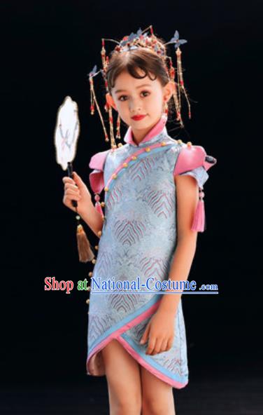 Chinese New Year Performance Blue Qipao Dress National Kindergarten Girls Dance Stage Show Costume for Kids