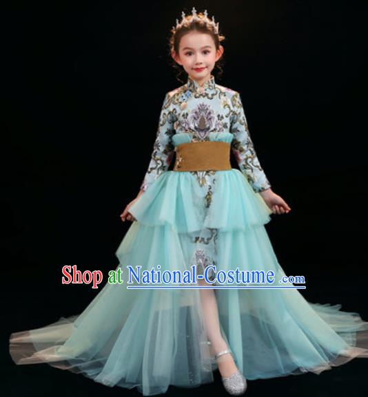 Top Grade Christmas Day Dance Performance Green Veil Trailing Full Dress Kindergarten Girl Stage Show Costume for Kids