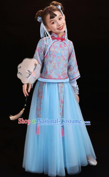 Chinese New Year Performance Blue Veil Qipao Dress National Kindergarten Girls Dance Stage Show Costume for Kids