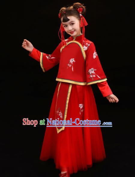 Chinese New Year Performance Red Veil Qipao Dress National Kindergarten Girls Dance Stage Show Costume for Kids