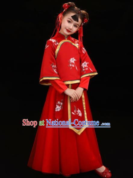 Chinese New Year Performance Red Veil Qipao Dress National Kindergarten Girls Dance Stage Show Costume for Kids