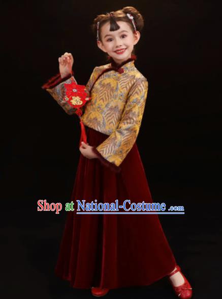 Chinese New Year Performance Purplish Red Dress National Kindergarten Girls Dance Stage Show Costume for Kids