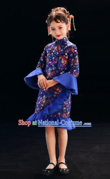 Chinese New Year Performance Royalblue Qipao Dress National Kindergarten Girls Dance Stage Show Costume for Kids