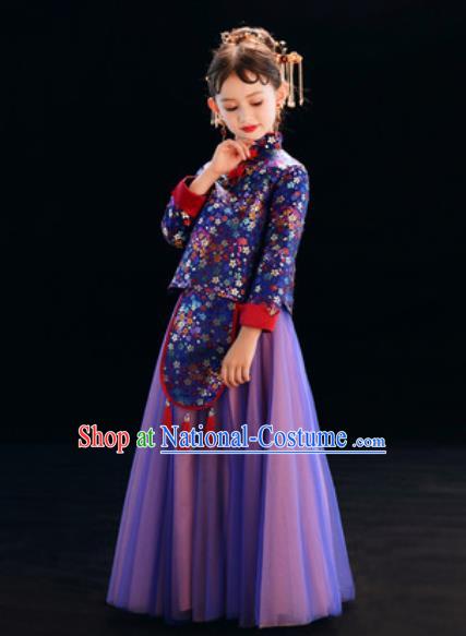 Chinese New Year Performance Purple Full Dress National Kindergarten Girls Dance Stage Show Costume for Kids