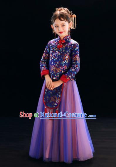 Chinese New Year Performance Purple Full Dress National Kindergarten Girls Dance Stage Show Costume for Kids