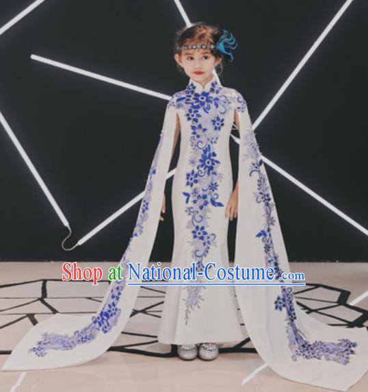 Chinese New Year Performance White Qipao Dress National Kindergarten Girls Dance Stage Show Costume for Kids