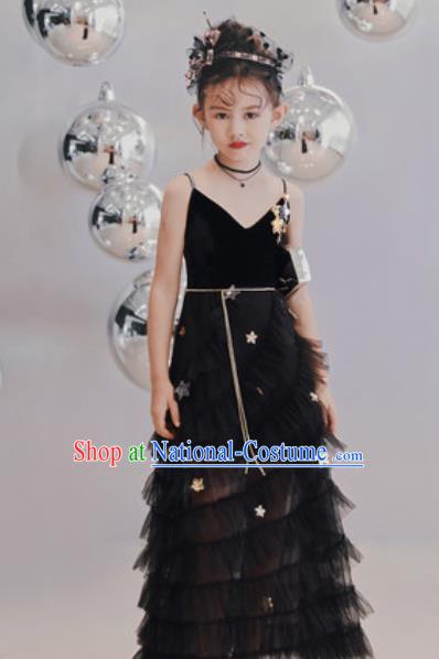 Top Grade Christmas Day Dance Performance Black Veil Full Dress Kindergarten Girl Stage Show Costume for Kids