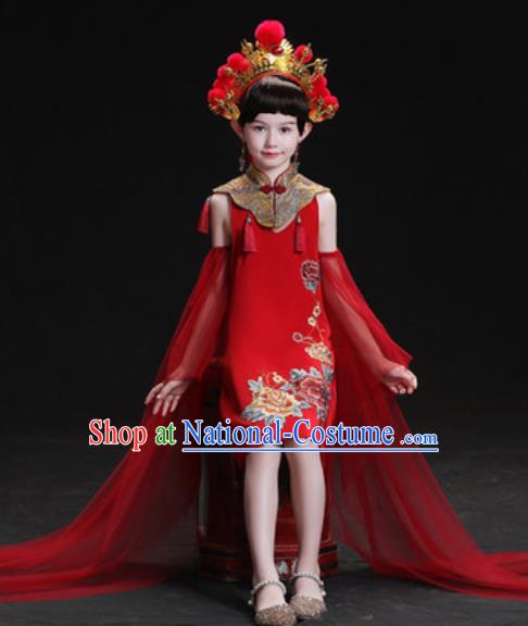 Chinese New Year Dance Performance Red Short Full Dress Kindergarten Girls Stage Show Costume for Kids