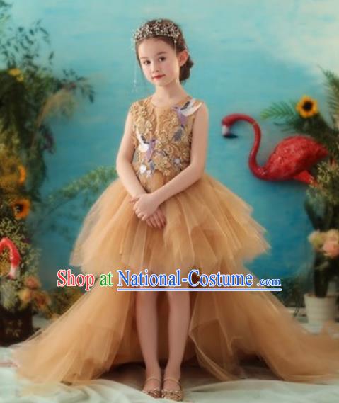 Top Grade Christmas Day Dance Performance Golden Trailing Full Dress Kindergarten Girl Stage Show Costume for Kids