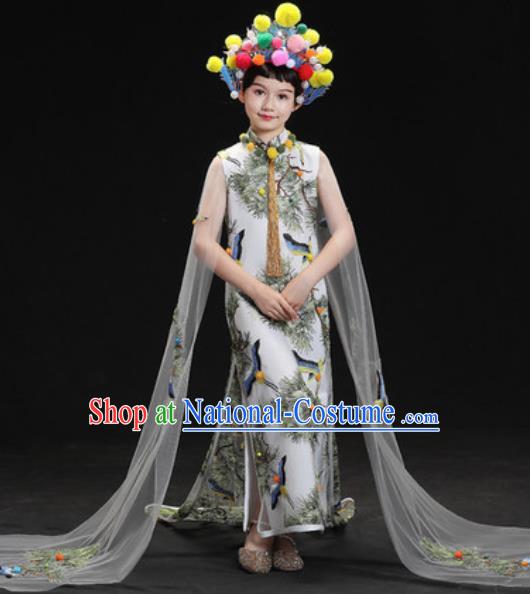 Chinese New Year Dance Performance Printing Cranes White Full Dress Kindergarten Girls Stage Show Costume for Kids