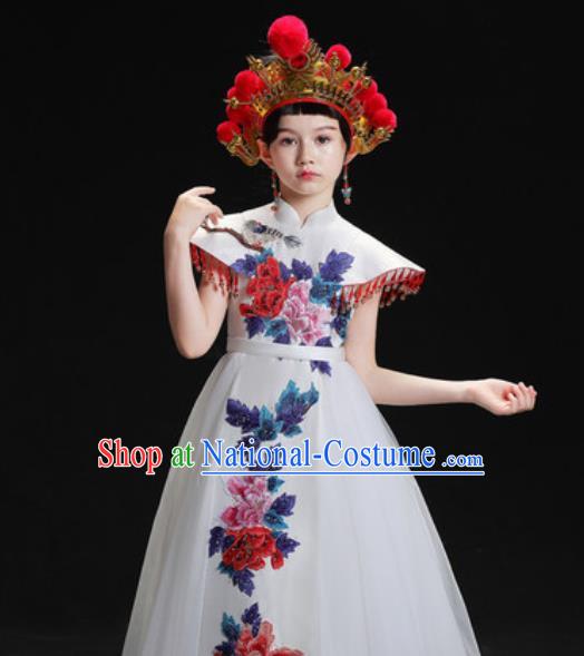 Chinese New Year Dance Performance White Veil Full Dress Kindergarten Girls Stage Show Costume for Kids