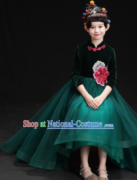 Chinese New Year Dance Performance Green Veil Full Dress Kindergarten Girls Stage Show Costume for Kids