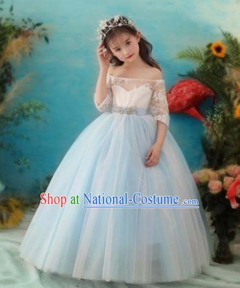 Top Grade Christmas Day Dance Performance Blue Veil Full Dress Kindergarten Girl Stage Show Costume for Kids