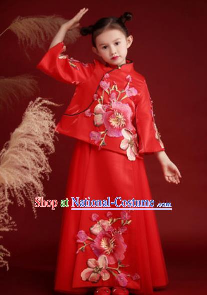 Chinese New Year Performance Embroidered Red Dress National Kindergarten Girls Dance Stage Show Costume for Kids