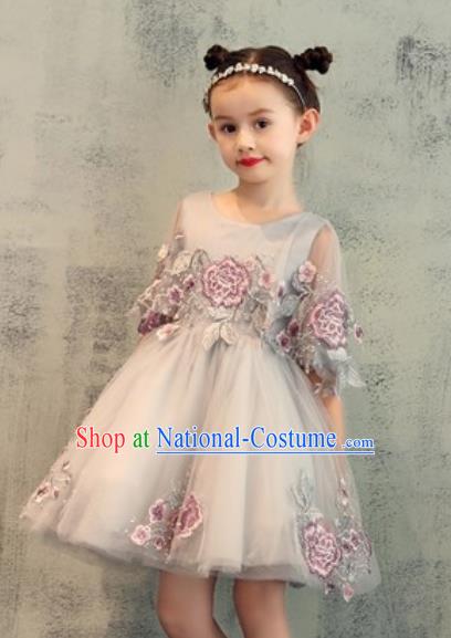 Top Grade Christmas Day Dance Performance Embroidered Grey Veil Full Dress Kindergarten Girl Stage Show Costume for Kids