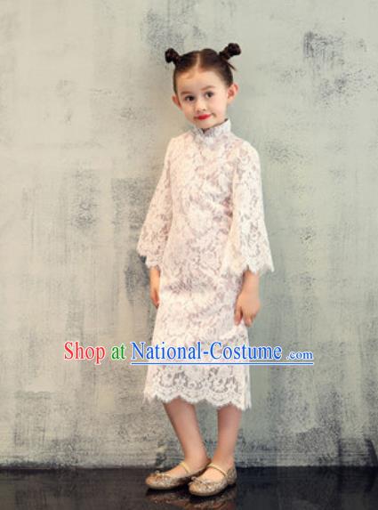 Chinese New Year Performance White Lace Qipao Dress National Kindergarten Girls Dance Stage Show Costume for Kids