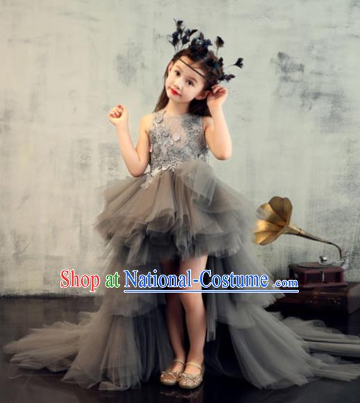 Top Grade Christmas Day Dance Performance Grey Veil Trailing Full Dress Kindergarten Girl Stage Show Costume for Kids