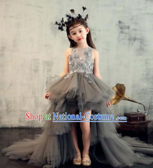 Top Grade Christmas Day Dance Performance Grey Veil Trailing Full Dress Kindergarten Girl Stage Show Costume for Kids