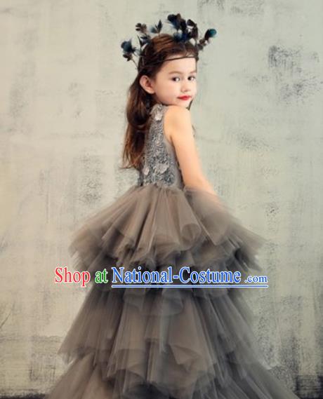 Top Grade Christmas Day Dance Performance Grey Veil Trailing Full Dress Kindergarten Girl Stage Show Costume for Kids