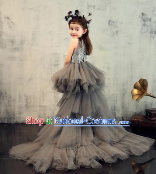 Top Grade Christmas Day Dance Performance Grey Veil Trailing Full Dress Kindergarten Girl Stage Show Costume for Kids