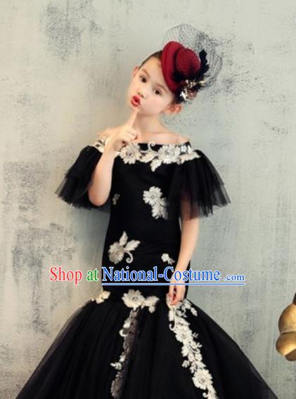 Top Grade Christmas Day Dance Performance Black Veil Fishtail Full Dress Kindergarten Girl Stage Show Costume for Kids