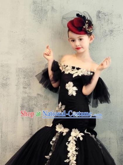 Top Grade Christmas Day Dance Performance Black Veil Fishtail Full Dress Kindergarten Girl Stage Show Costume for Kids