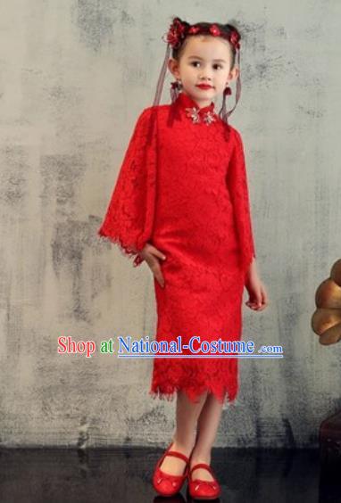 Chinese New Year Performance Red Lace Qipao Dress National Kindergarten Girls Dance Stage Show Costume for Kids